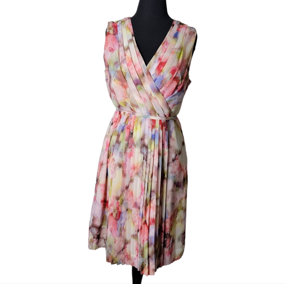 Liz Claiborne pleated floral chiffon sleeveless dress size 8